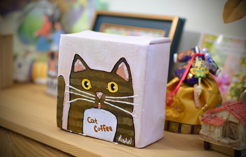 咖啡猫 原创迷你油画 手绘画作 - 摆饰 - 其他材质 