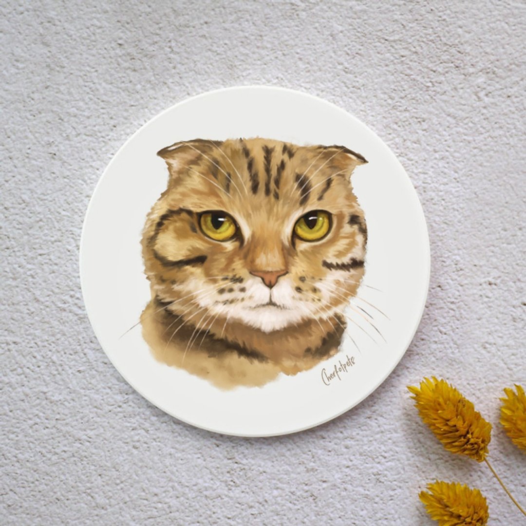 水彩风格宠物肖像杯垫(苏格兰折耳猫) - 其他 - 陶 白色