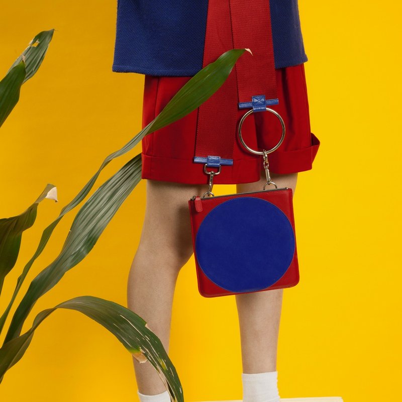 YIZISTORE新款拼色单肩包女宽背带斜挎包文艺简约小包方形真皮包 - 侧背包/斜挎包 - 真皮 红色