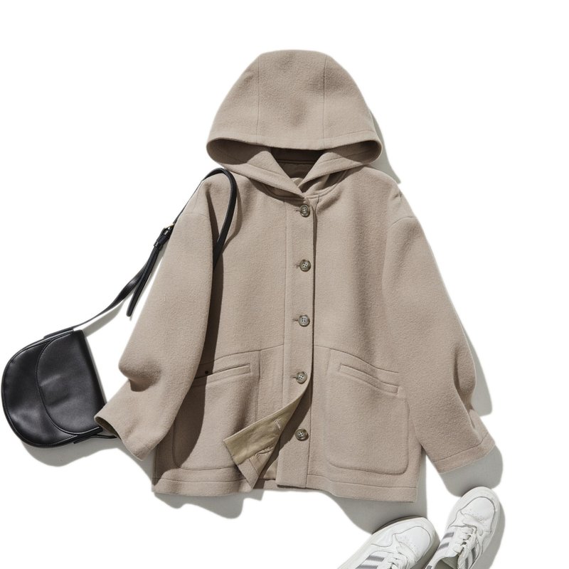 轻暖连帽外套 羊毛外套 米色 241206-5 - 女装休闲/机能外套 - 羊毛 卡其色