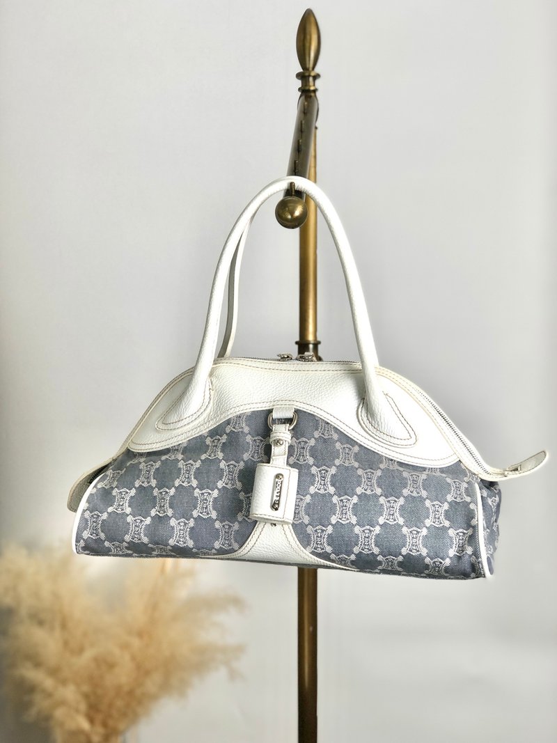 【 日本直送 名牌中古包 】CELINE 赛琳 Paris Macadam 托特包 海军蓝 白色 帆布 皮革 vintage 老品 r8sgrp - 手提包/手提袋 - 棉．麻 蓝色