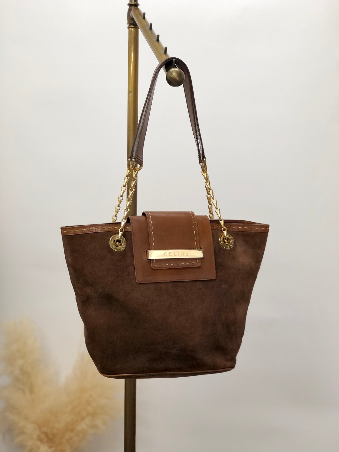 【日本直送 名牌中古包】CELINE 经典手提包 棕色 压印 Logo 麂皮 复古 vintage - 手提包/手提袋 - 真皮 咖啡色