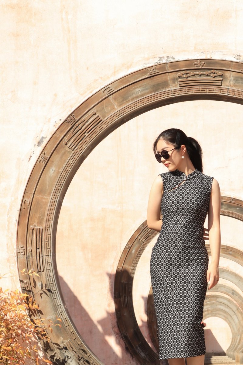 新中式连衣裙,针织弹力修身旗袍,复古日常可穿旗袍,超显身材 - 旗袍 - 其他材质 黑色