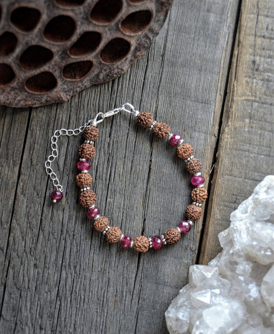 Natural Ruby and Rudraksha Bracelet with Silver - 手链/手环 - 宝石 红色