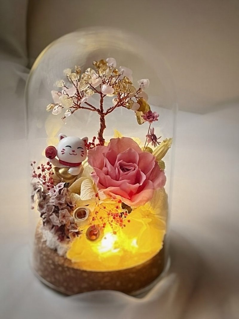 招财猫水晶树永生花玻璃盅 - 干燥花/捧花 - 植物．花 