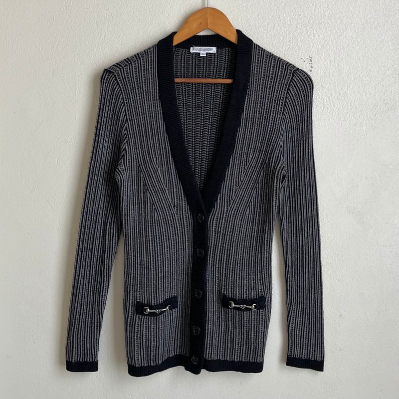 NARA CAMICIE V 领条纹开襟毛衣 - 黑色 & 灰色 - 女装休闲/机能外套 - 羊毛 