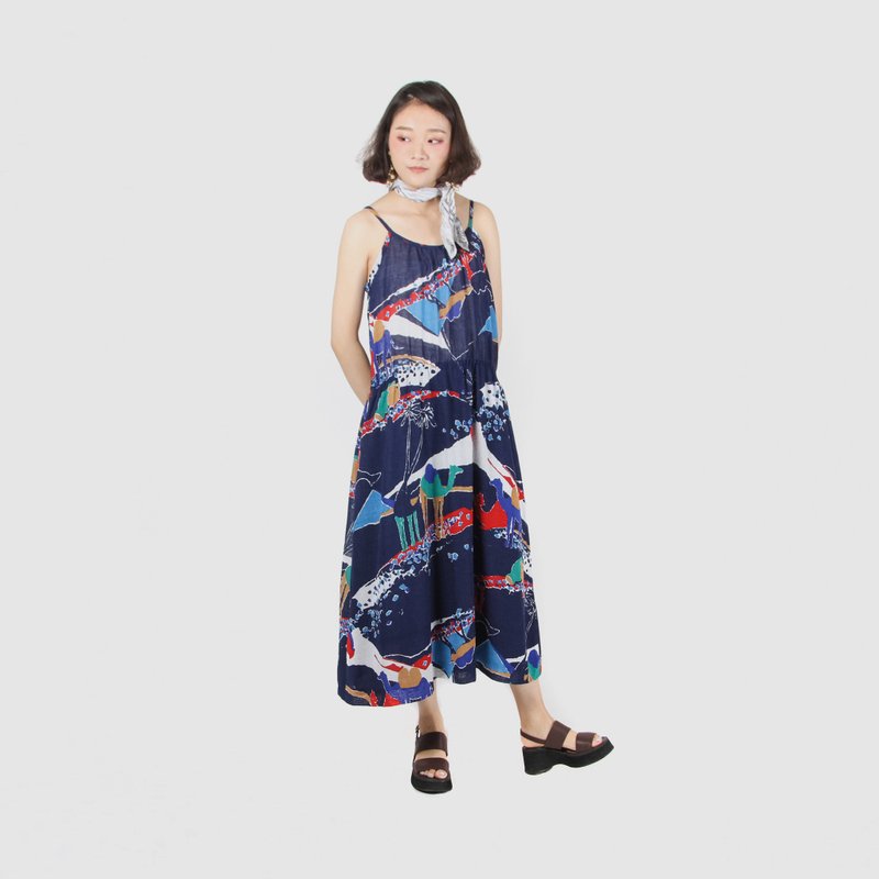 【蛋植物古着】丝路启程印花细肩带古着洋装 - 洋装/连衣裙 - 聚酯纤维 蓝色