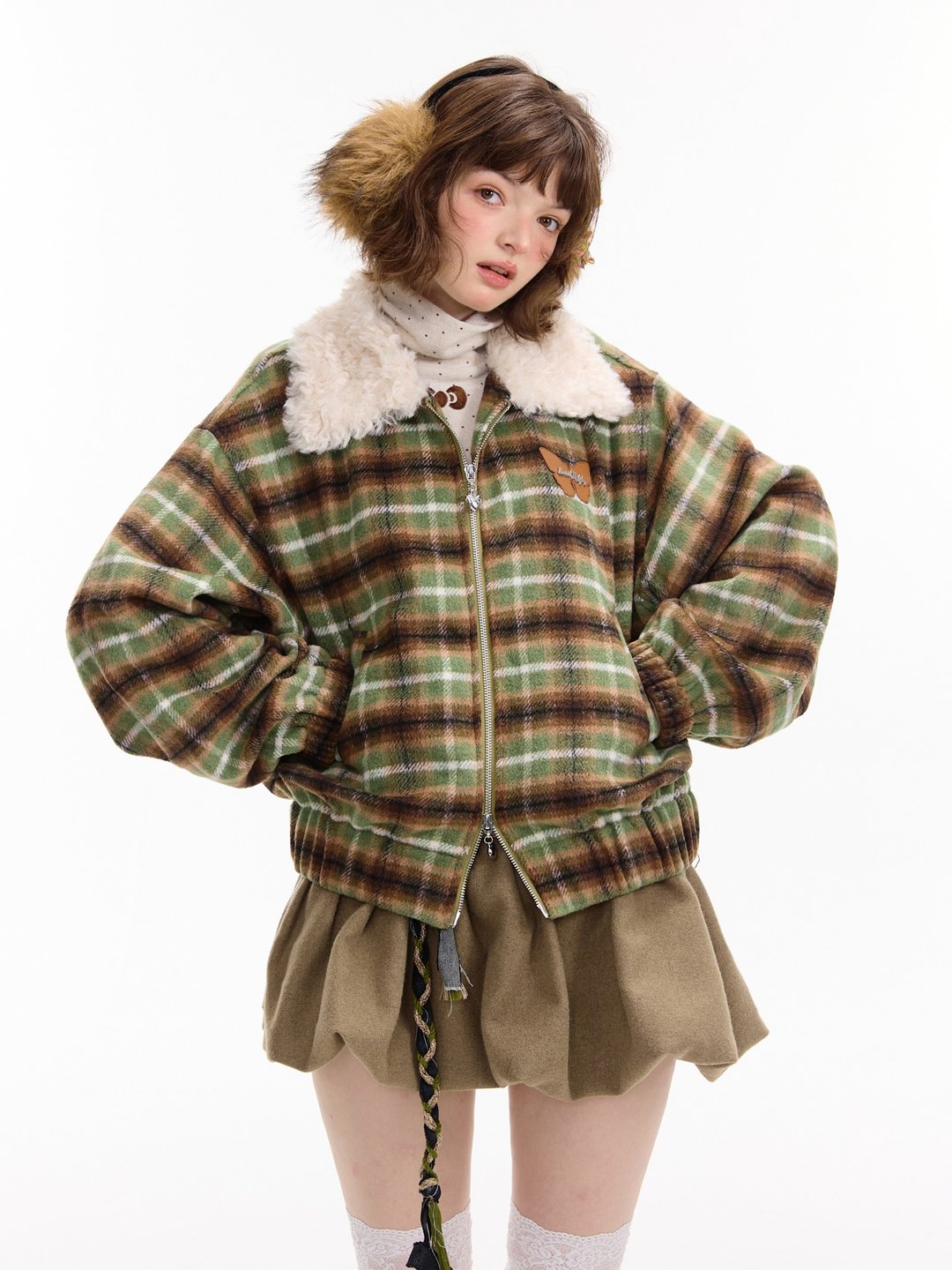 ziziFei秋冬新款加厚美式复古休闲显瘦设计感绿色格纹毛领外套女 - 女装上衣 - 其他材质 绿色