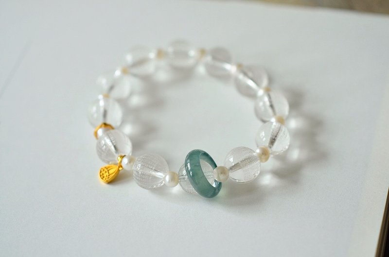 天然原矿白水晶心经圆珠危料翡翠跑环淡水珍设计单圈手串手持s - 项链 - 水晶 白色