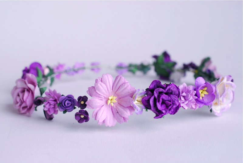 Paper Flower, Bridal flower crown, headband, daisy, roses cherry blossom and creeping lady in purple color. - 发饰 - 纸 紫色