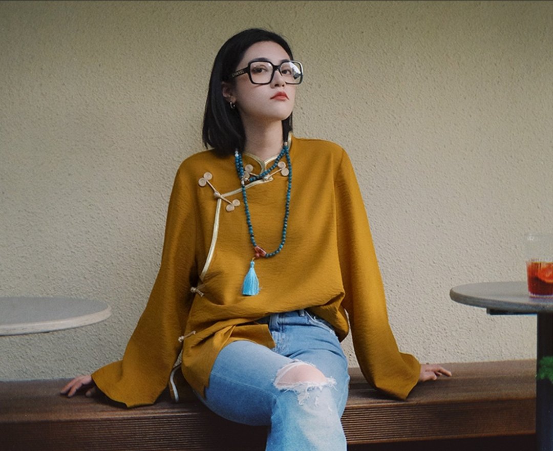 新中式复古藏风 盘扣立领衬衣 - 女装上衣 - 棉 橘色