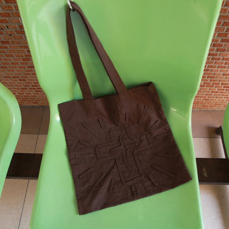 棉质薄款茶色托特包 Double cross - 手提包/手提袋 - 棉．麻 咖啡色