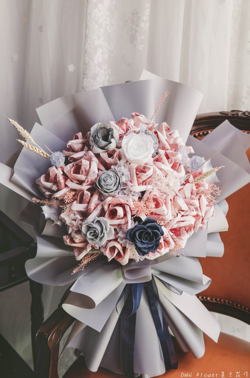 钞票花束/钞票玫瑰花束/大型花束/钱花束/钞票花/有钱花/生日礼物 - 干燥花/捧花 - 植物．花 蓝色