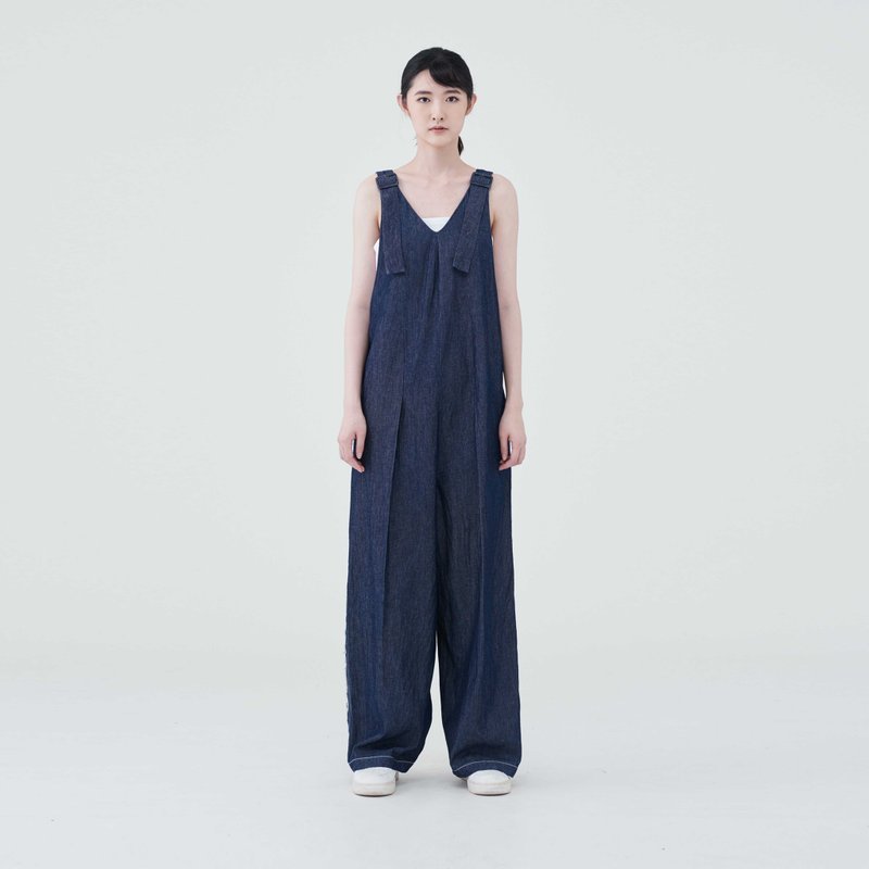 TRAN - 无袖V领连身裤 - 背带裤/连体裤 - 棉．麻 蓝色