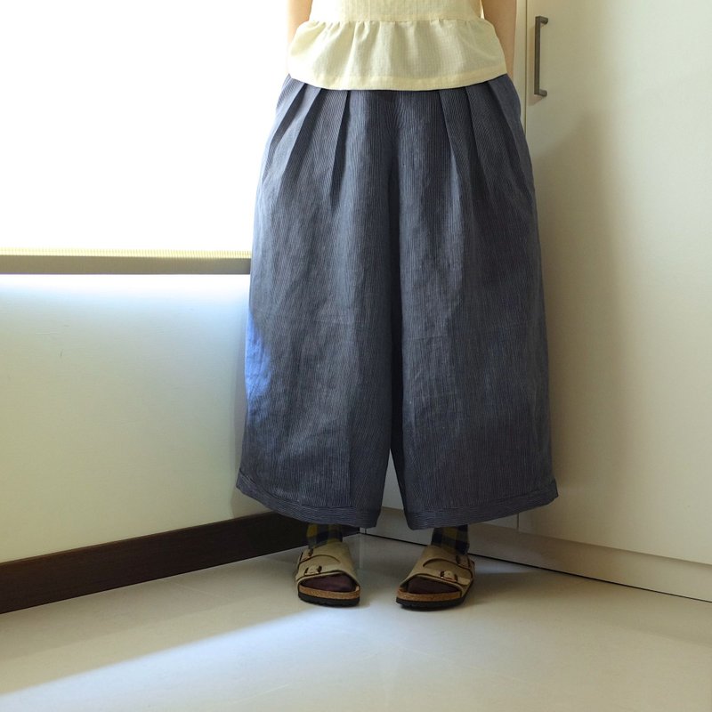 日常手作服  俏皮女孩深蓝细条纹打褶宽裤  亚麻 - 女装长裤 - 棉．麻 蓝色