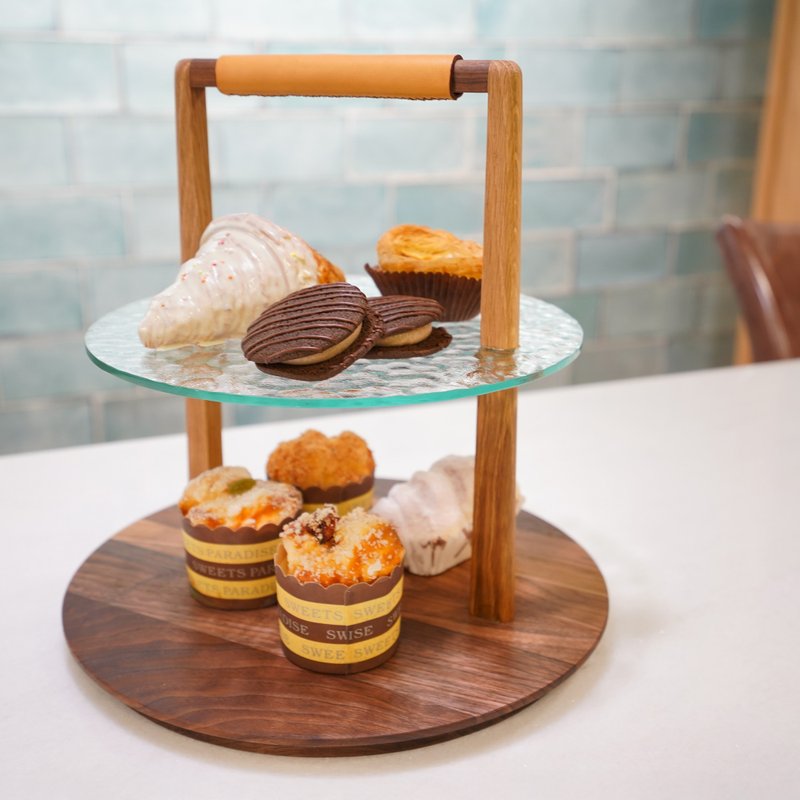 美国Fifty9 Design New York 水波圆茶点架-皮革提把 - 盘子/餐盘/盘架 - 木头 咖啡色