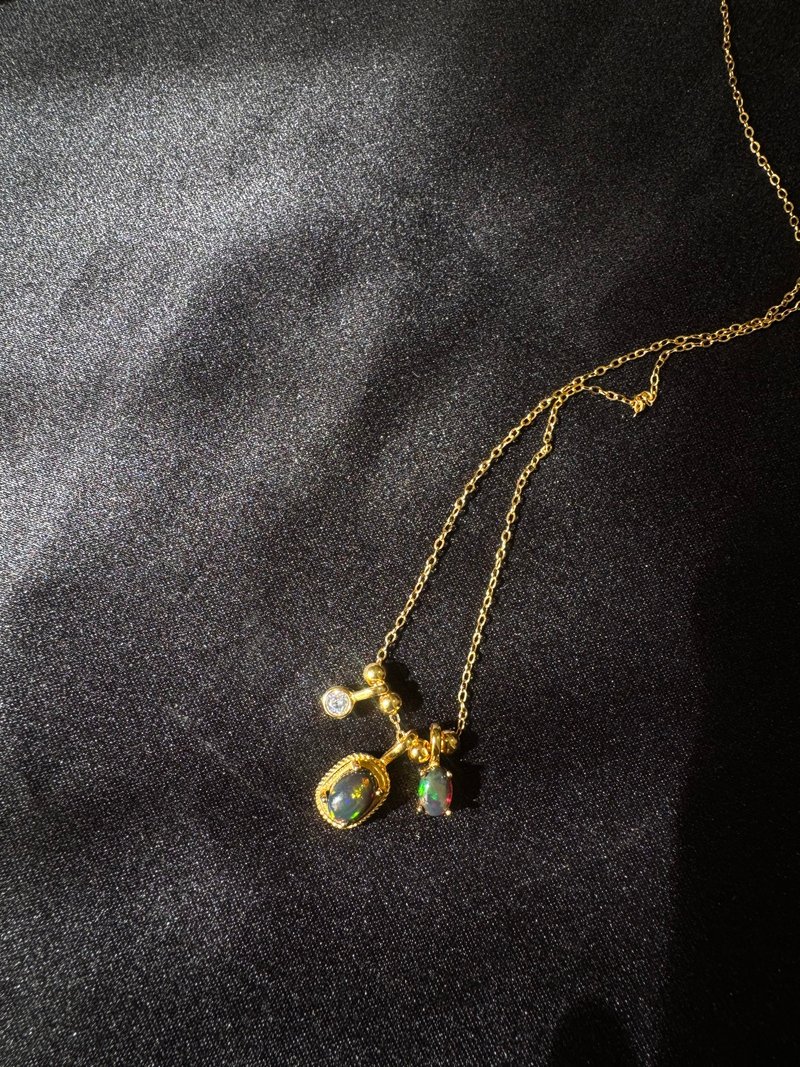 双双。s925 纯银 镀18k 黑欧泊 蛋白石 项链 Silver Necklace - 项链 - 半宝石 多色