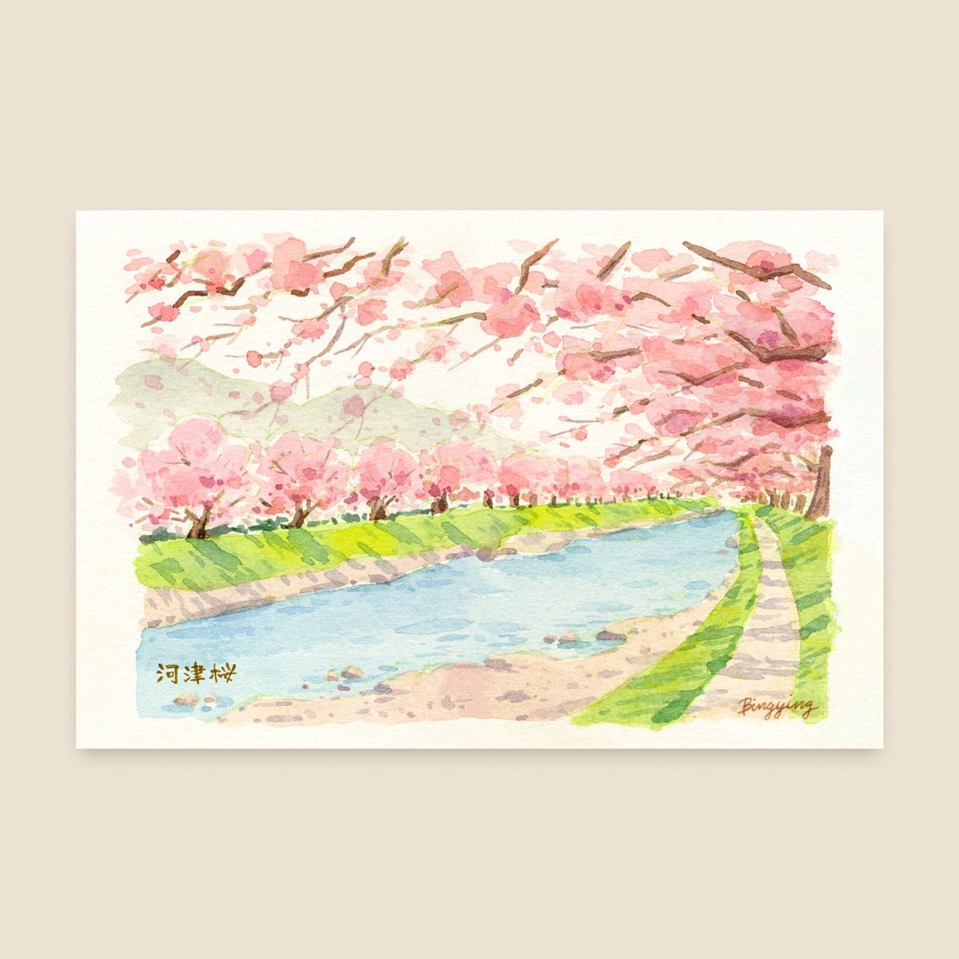 日本河津樱 水彩旅行明信片单张 - 卡片/明信片 - 纸 