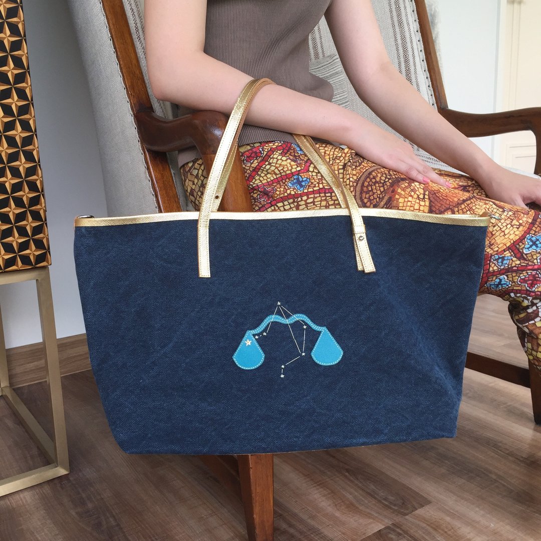 Libra Zodiac Tote, Canvas and Leather Zipped Top Handle Personalised Holdall - 手提包/手提袋 - 棉 蓝色