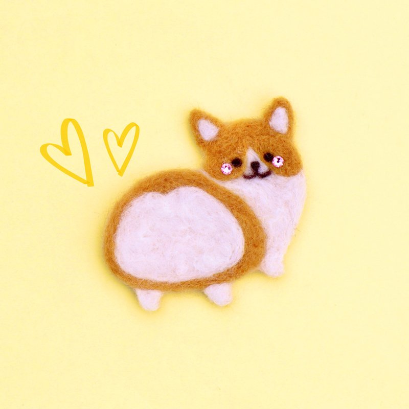 羊毛毡 柯基屁屁胸针 别针 - 胸针 - 羊毛 黄色