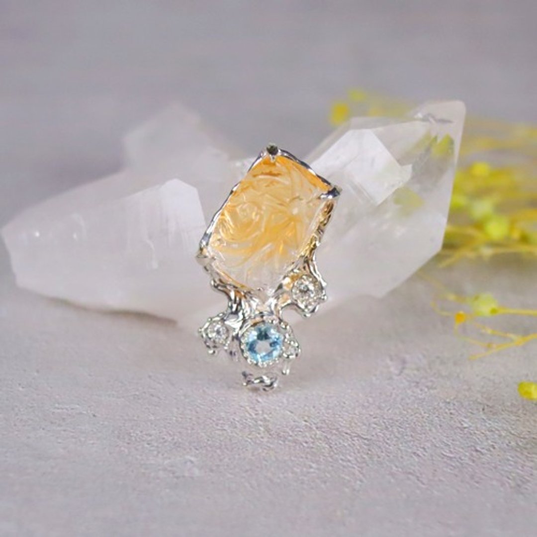 花痴黄水晶和海蓝宝石、莫桑石“热带花痴”胸针银925 - 胸针 - 宝石 
