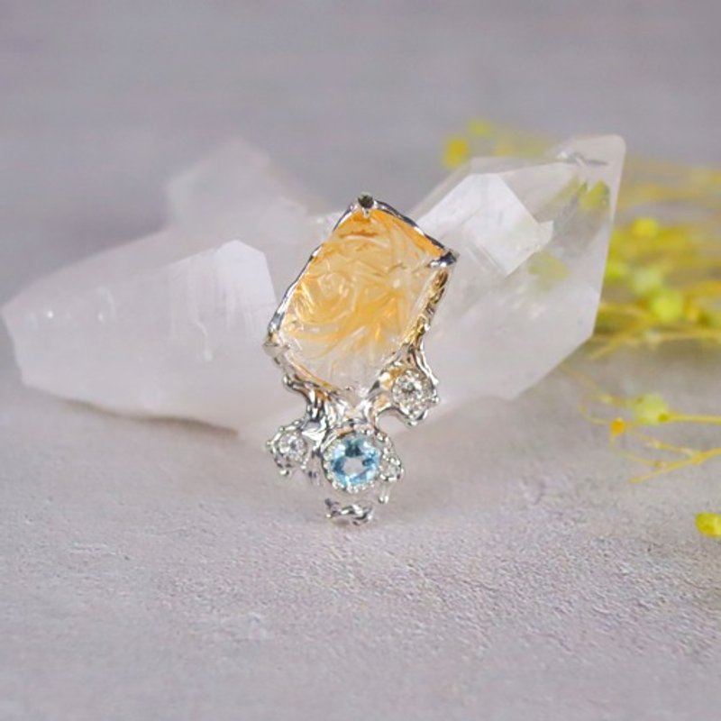 花痴黄水晶和海蓝宝石、莫桑石“热带花痴”胸针银925 - 胸针 - 宝石 