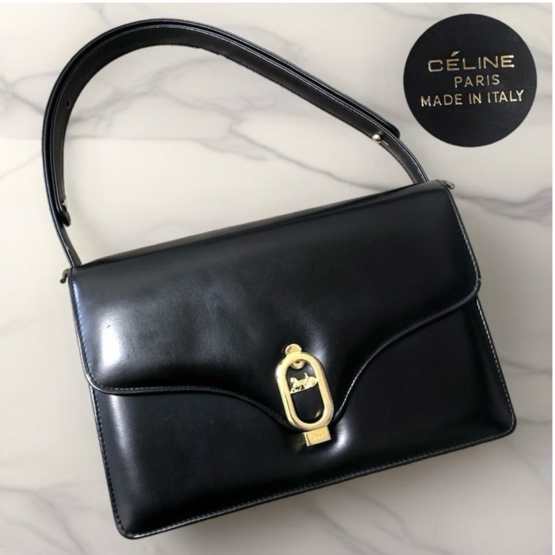 稀有中古包 Celine黑色马车风琴包 单肩包 侧背包 二手古着古董包 - 侧背包/斜挎包 - 真皮 黑色