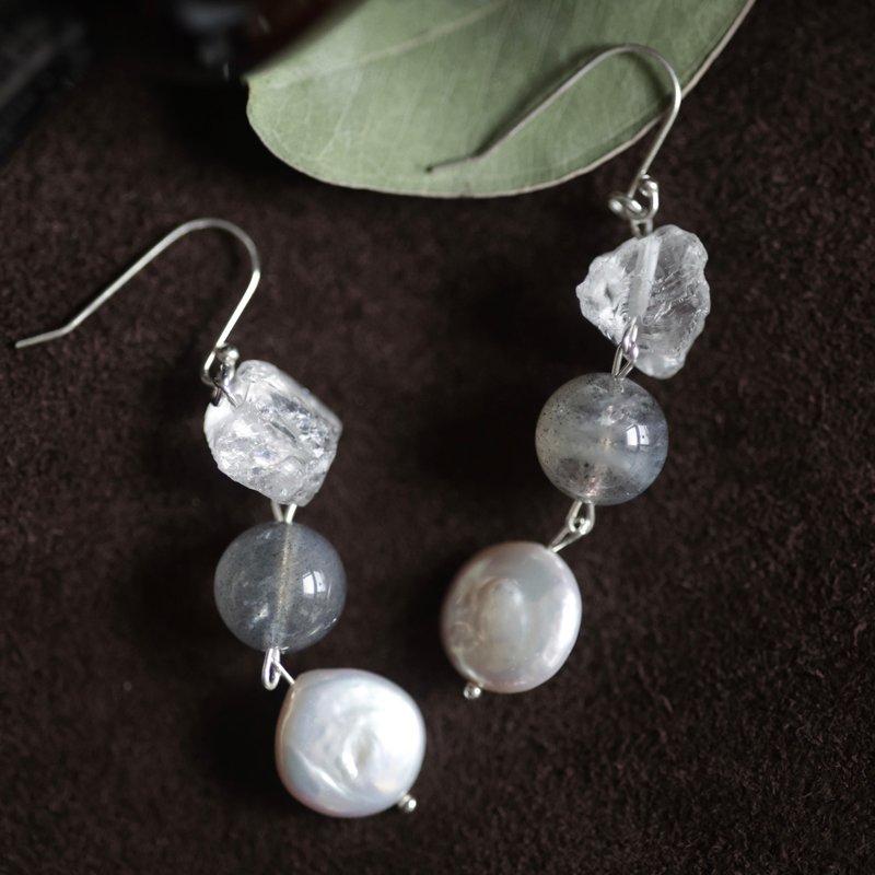 泊影不规则水晶纯银耳环　可改耳夹 - 耳环/耳夹 - 半宝石 多色