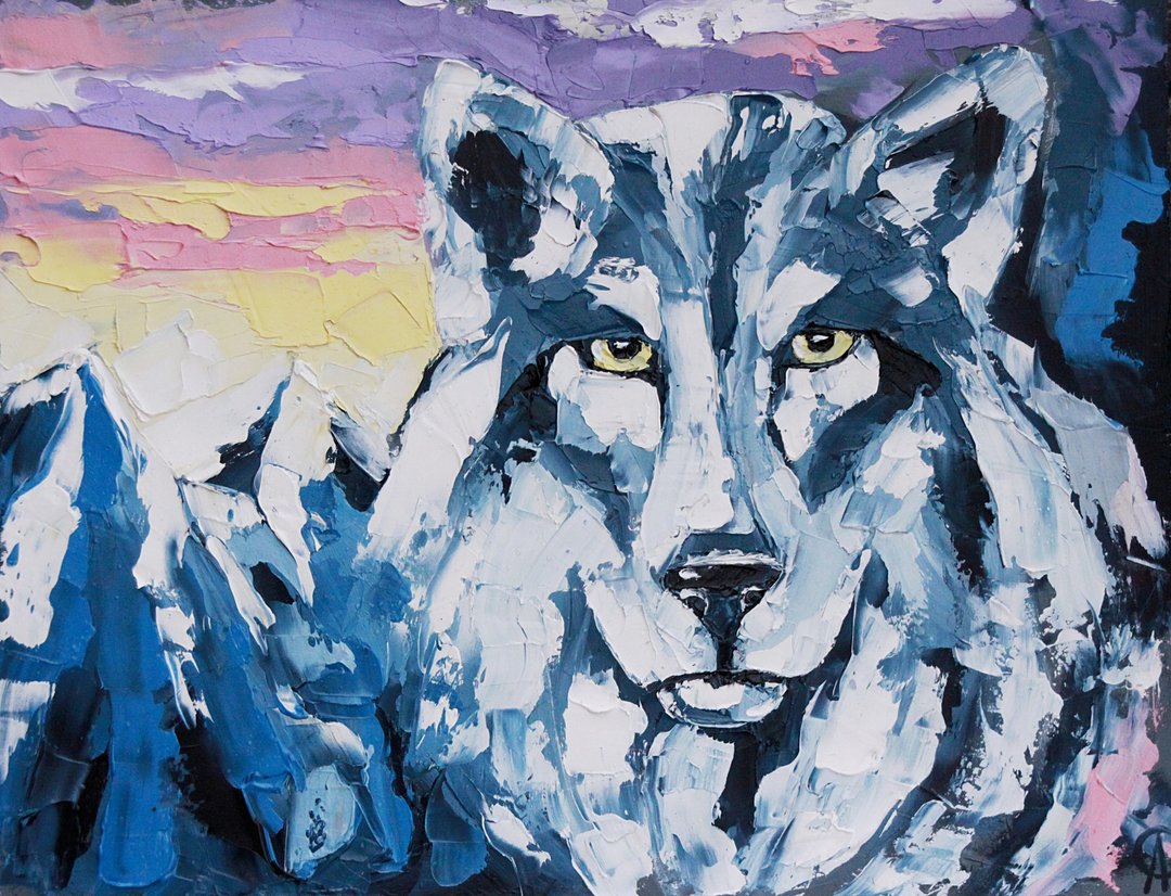 Wolf Painting Animal Original Art Impasto Artwork Palette Knife Art Oil Painting - 海报/装饰画/版画 - 其他材质 蓝色