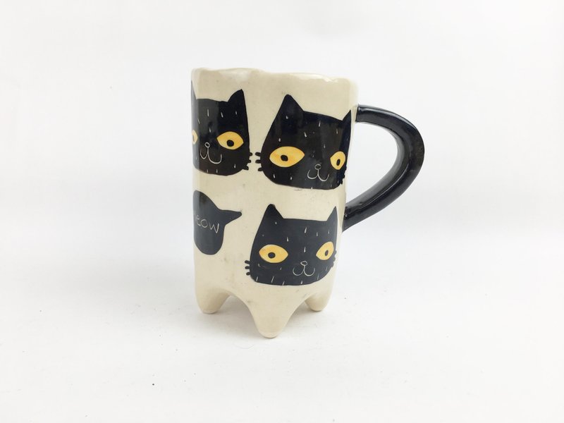 Nice Little Clay 手工杯_满满黑猫头meow在下 0110-04 - 咖啡杯/马克杯 - 陶 白色