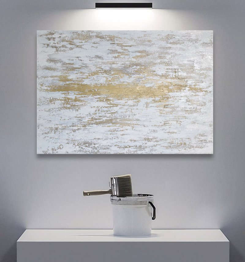 White Abstract Wall Art Golg Original Painting Large Textures Acylic Painting - 海报/装饰画/版画 - 其他材质 金色
