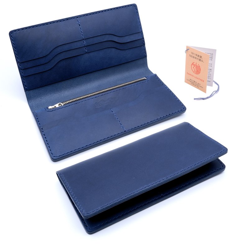 Bi-fold long wallet with coin purse Navy Himeji leather genuine leather - 皮夹/钱包 - 真皮 蓝色