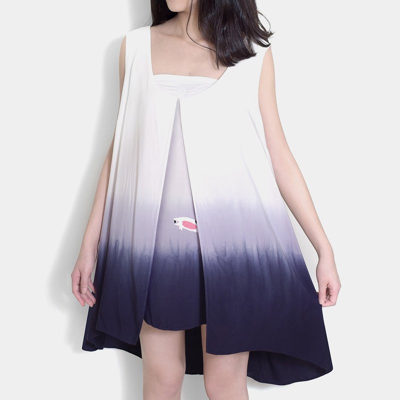 【手工绢印】厌世奶豆喵／迷幻渐层宽松洋装 - 洋装/连衣裙 - 棉．麻 紫色