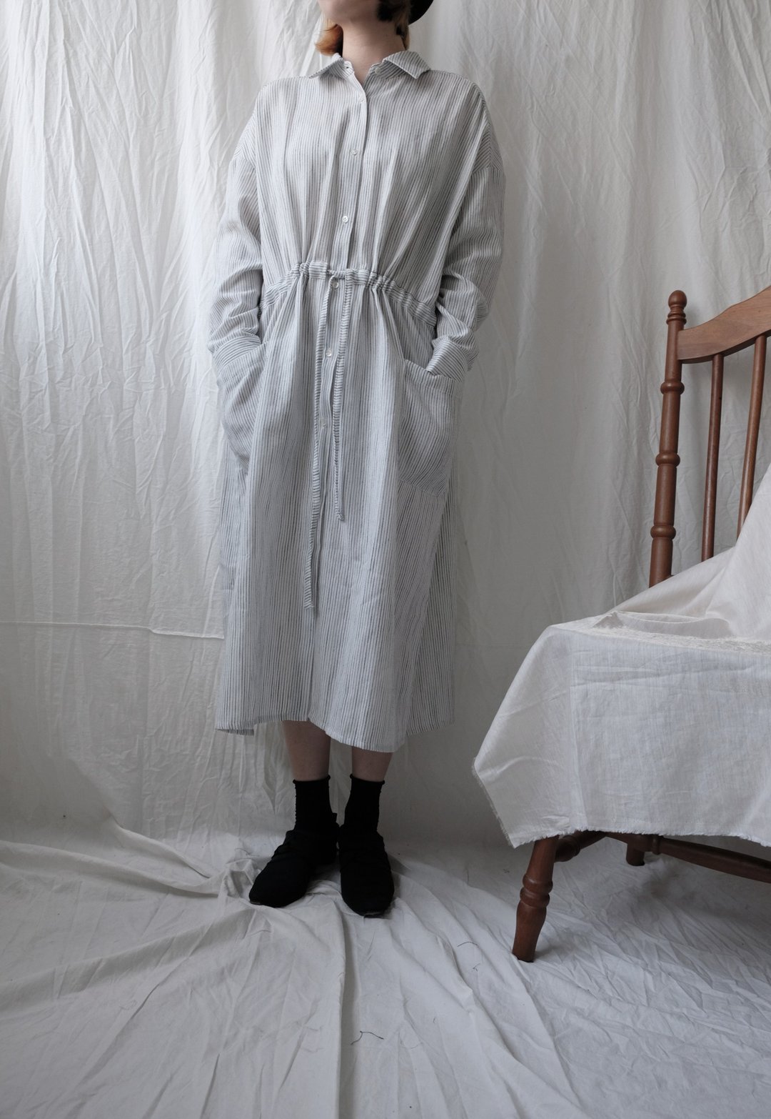 cotton linen gathering dress White 棉麻条纹碎褶连身裙-白色 - 洋装/连衣裙 - 棉 白色