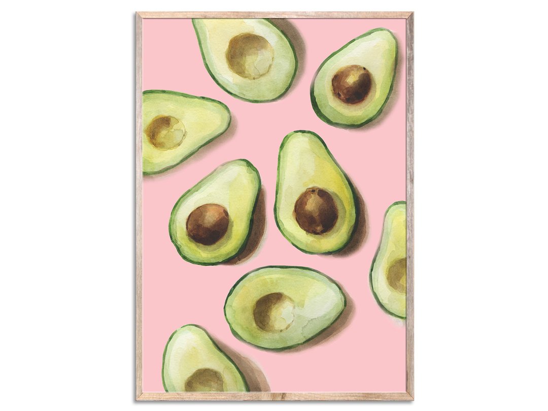 Avocado Fruit Art Print Green Pink Watercolor Painting Kitchen Still Life Art - 海报/装饰画/版画 - 纸 粉红色