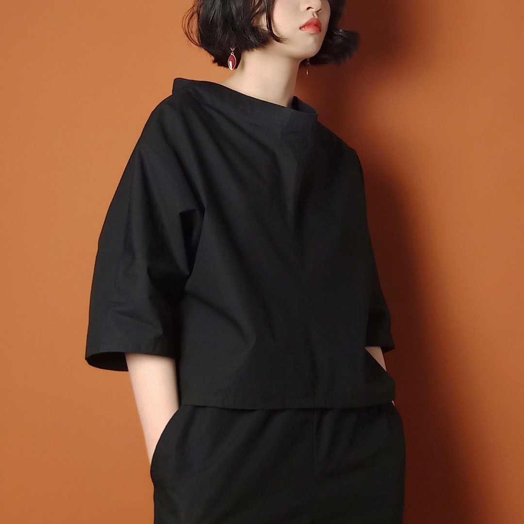 P.YELLOW | 夏季黑色连袖棉质短袖 - 女装上衣 - 棉 黑色