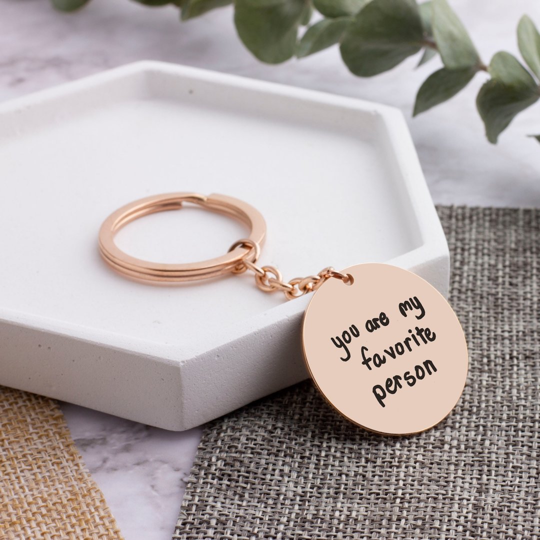 Circle Keychain Hand Writing Key Ring Gift from Parent Handwriting Gift - 钥匙链/钥匙包 - 其他金属 金色
