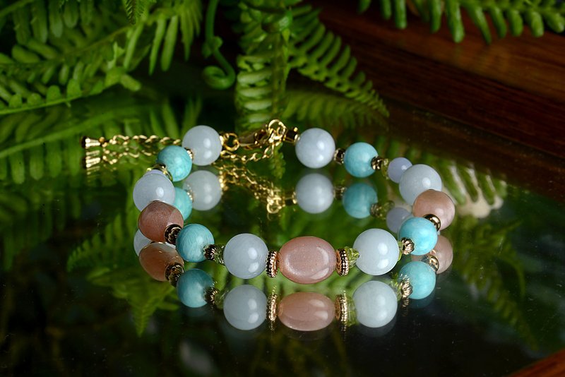 【神山晶礦】旅途船上的夕陽/太陽石/海藍寶/天河石/橄欖石/藍紋 - 手链/手环 - 水晶 紫色