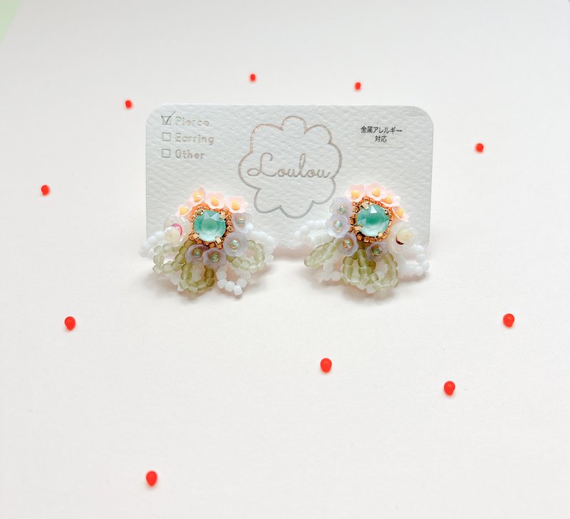 荷叶边耳针 - 耳环/耳夹 - 绣线 蓝色