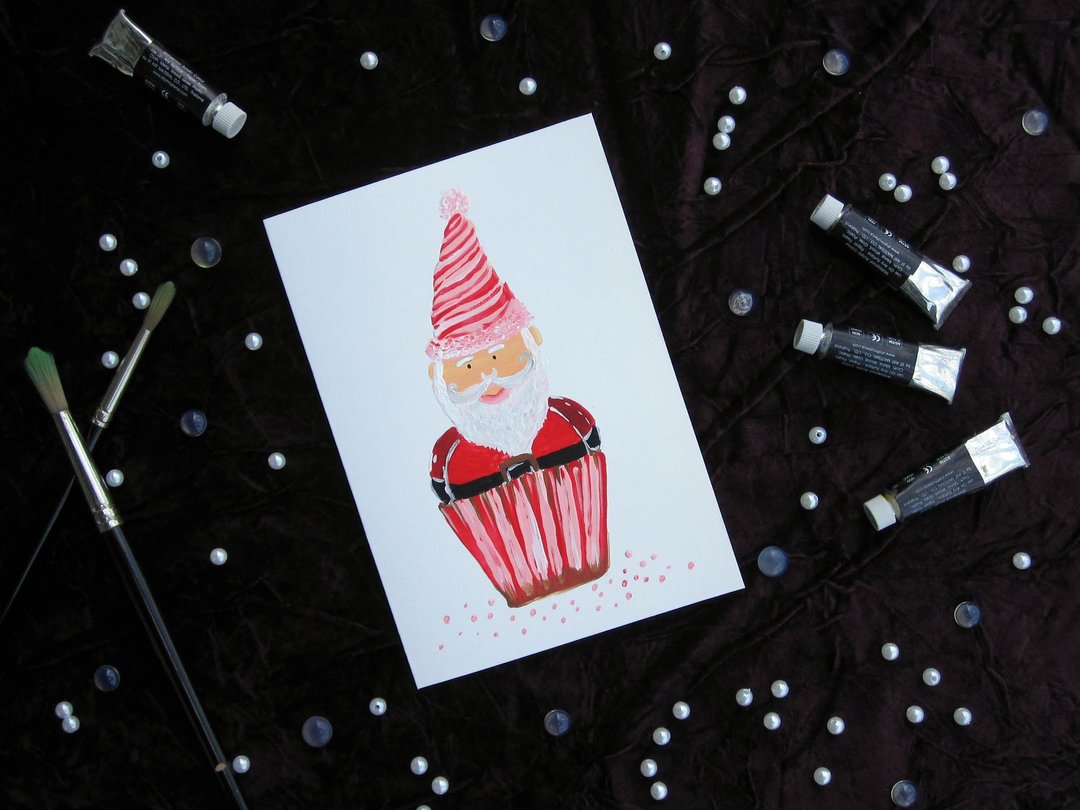 Original Acrylic Cupcake Christmas Card _Handmade_Hand painted - 卡片/明信片 - 纸 多色