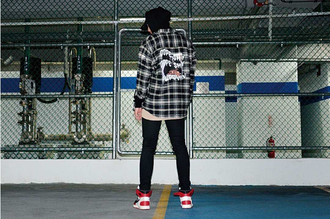 HWPD│黑色追缉令 "蜜亚" 图像-法兰绒格纹衬衫 黑 (可参考Off-White/Yeezy/Justin Bieber) - 男装衬衫 - 棉 黑色