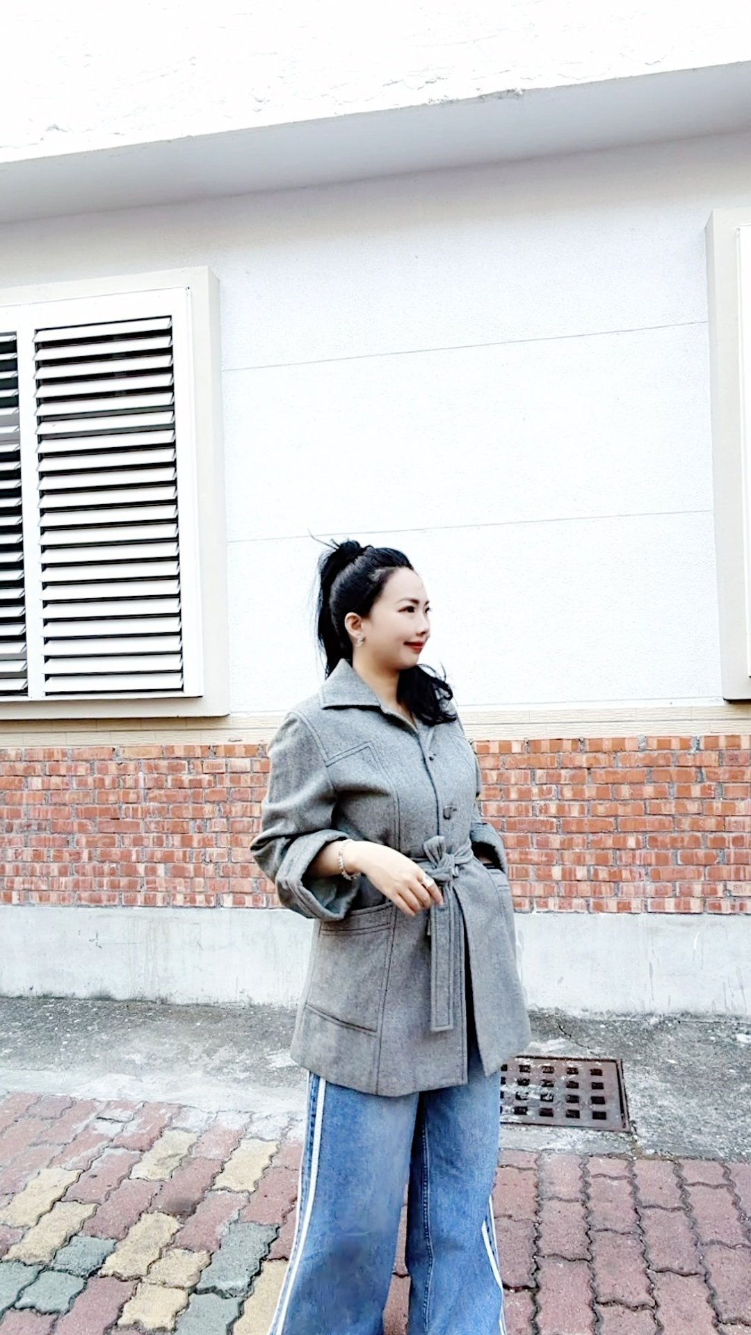浅浅象灰色明线翻领绑带 古着羊毛混羊绒大衣外套 overcoat - 女装休闲/机能外套 - 羊毛 灰色