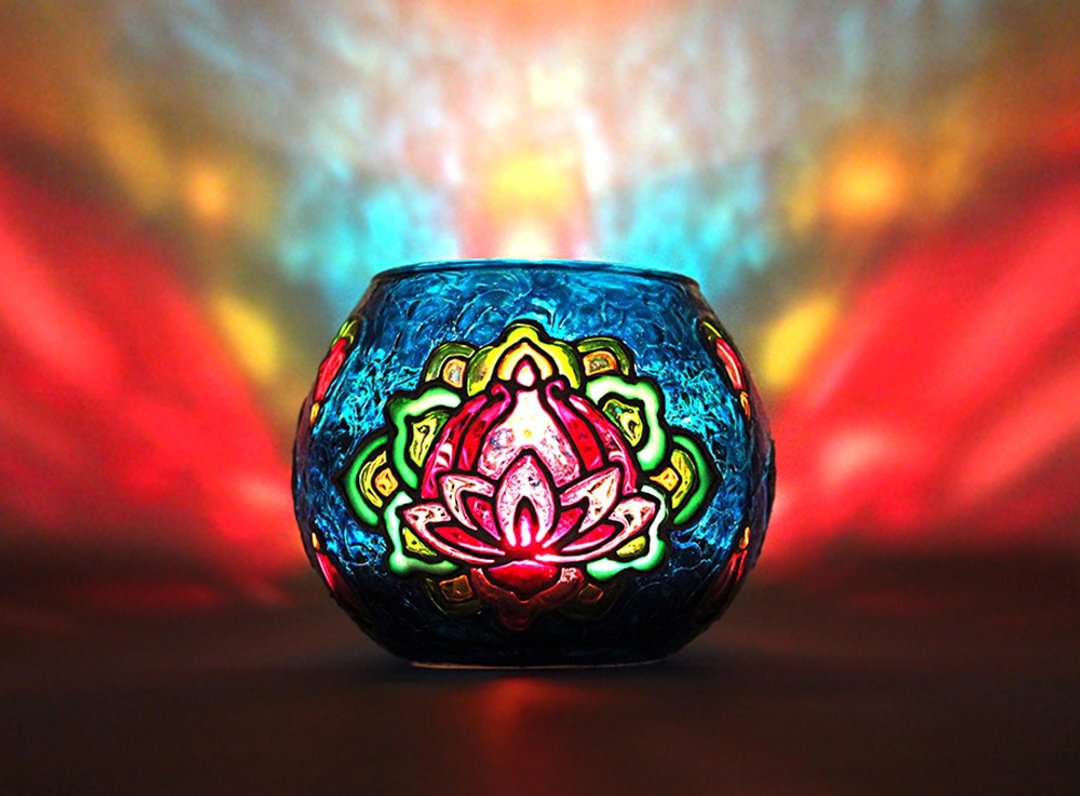 Korean Lotus Candle Holder Turquoise Blue Tealight Holder With Pink Lotus Votive - 蜡烛/烛台 - 玻璃 蓝色
