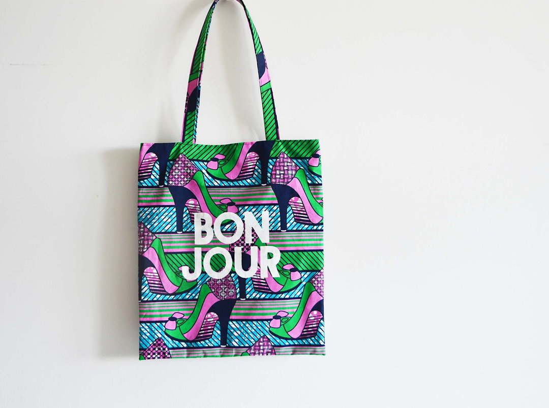 非洲蜡染托特包 BON JOUR 高跟鞋图案 非洲织品 A4大人补习袋 - 手提包/手提袋 - 棉 绿色
