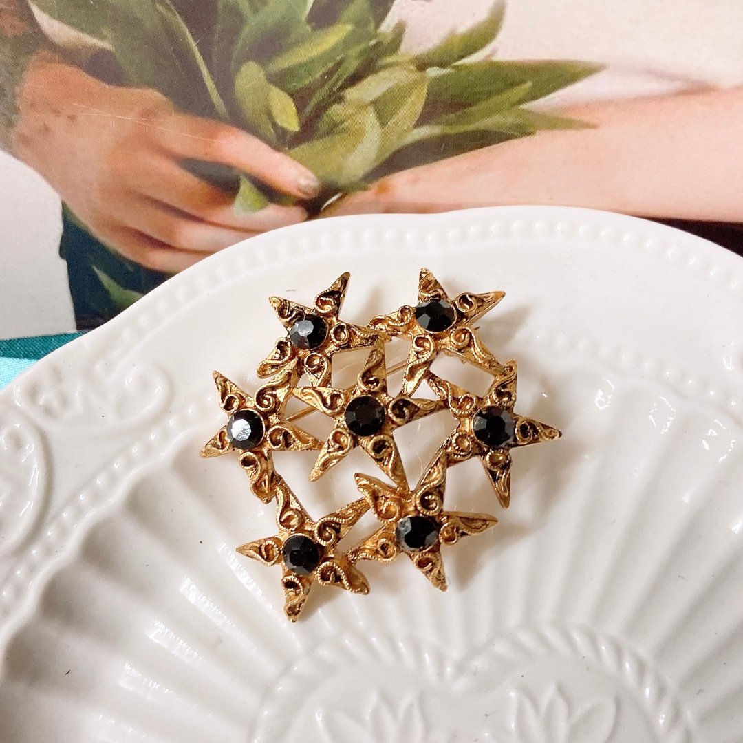 【西洋古董饰品】堆叠黑钻星芒不规则花圈 胸针 胸章 - 胸针 - 贵金属 黑色