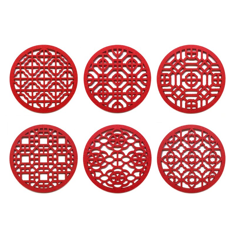 吉祥窗花毛毡杯垫(6入) - 杯垫 - 聚酯纤维 红色