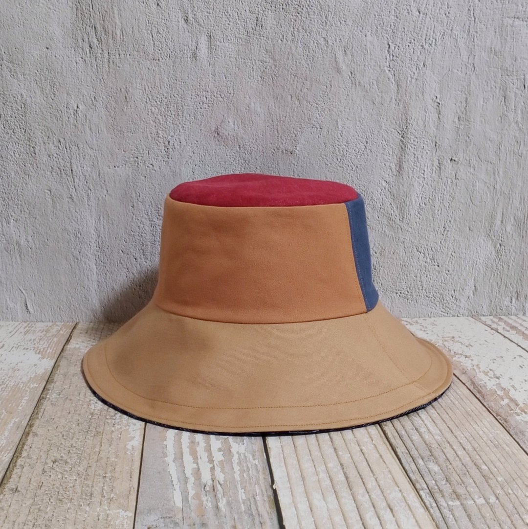 小牛村 手工帽子 遮阳帽 渔夫帽 拼接奶茶色【红土蓝山】 - 帽子 - 棉．麻 橘色