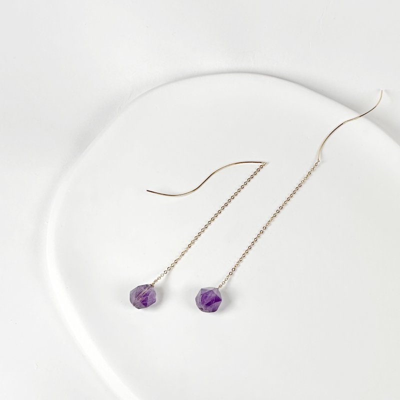 天然紫水晶316医疗钢耳环/针式耳环 天然宝石 垂坠式 抗过敏耳环 - 耳环/耳夹 - 不锈钢 紫色