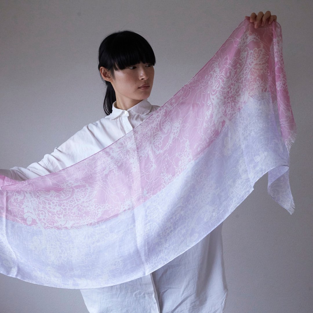 SAKIRA-Kyoto　 Linen 100% stole No.7 aoba no kaori pink - 围巾/披肩 - 棉 粉红色