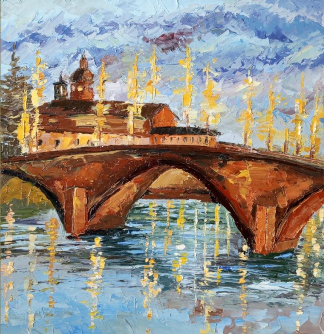 Venice Painting Urban Original Art Italy Artwork Oil 40 x 40 cm Venice Wall Art - 海报/装饰画/版画 - 其他材质 蓝色